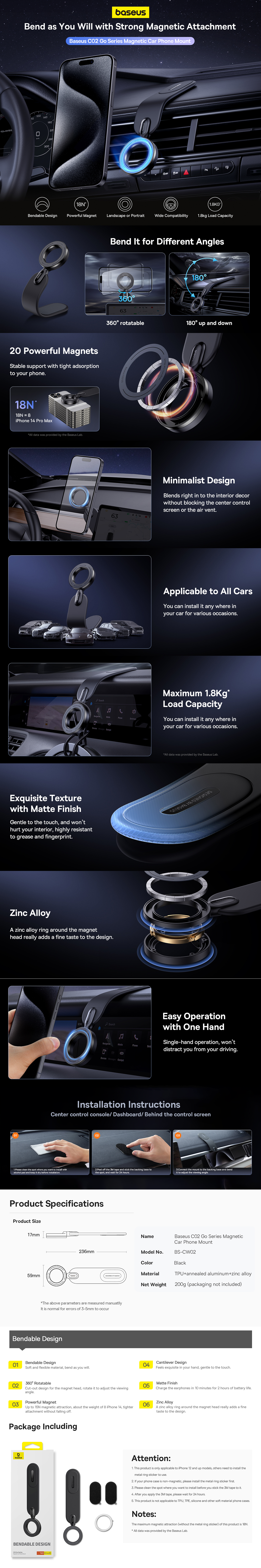 حامل هاتف السيارة المغناطيسي Baseus C02 Go قابل للدوران 360 درجة، قابل للانحناء